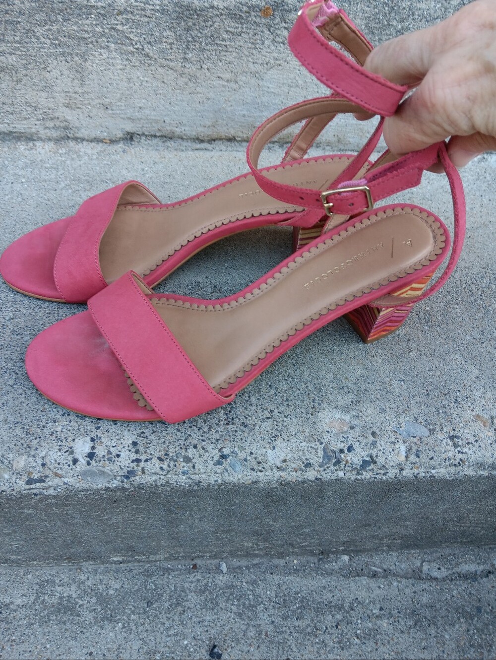 Anthropologie Pink Suede Ankle-Strap Block Heel Sandals